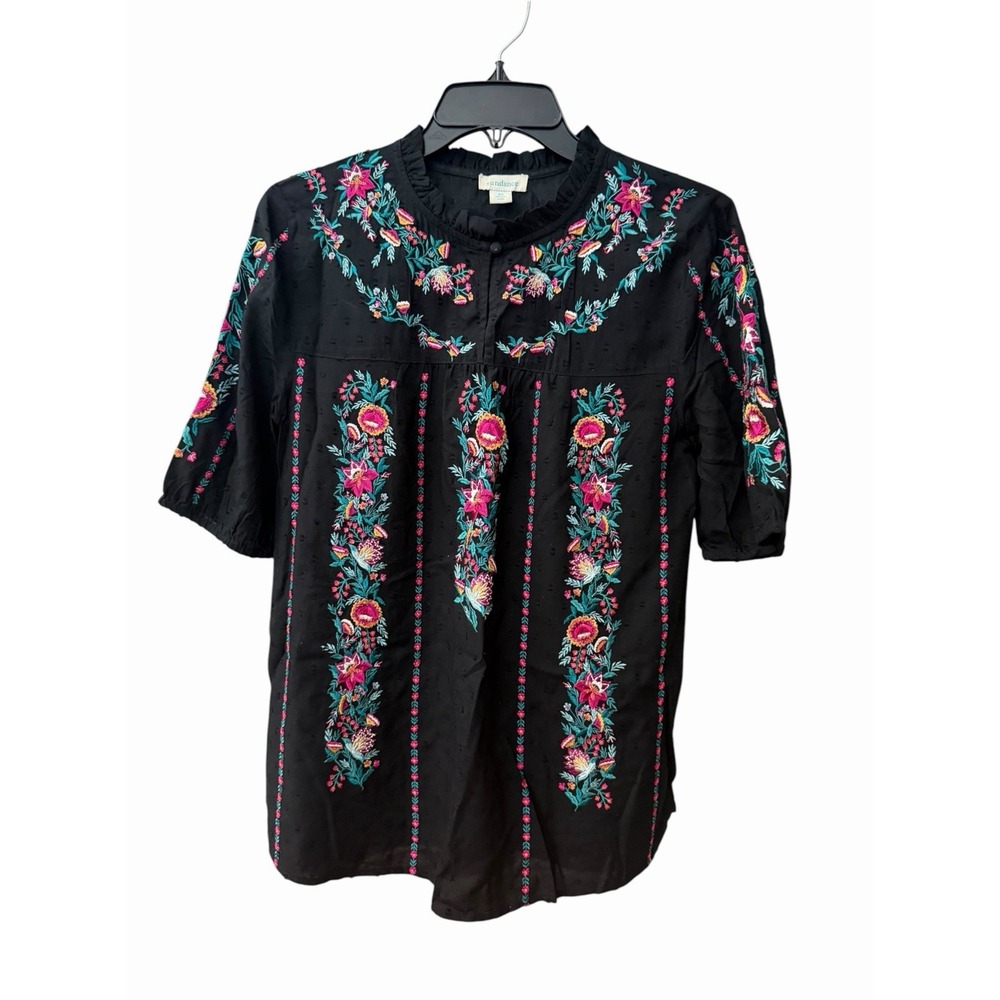 Sundance Embroidered Floral Tunic Blouse Black Womens XS Boho Colorful #JJJ13-2
